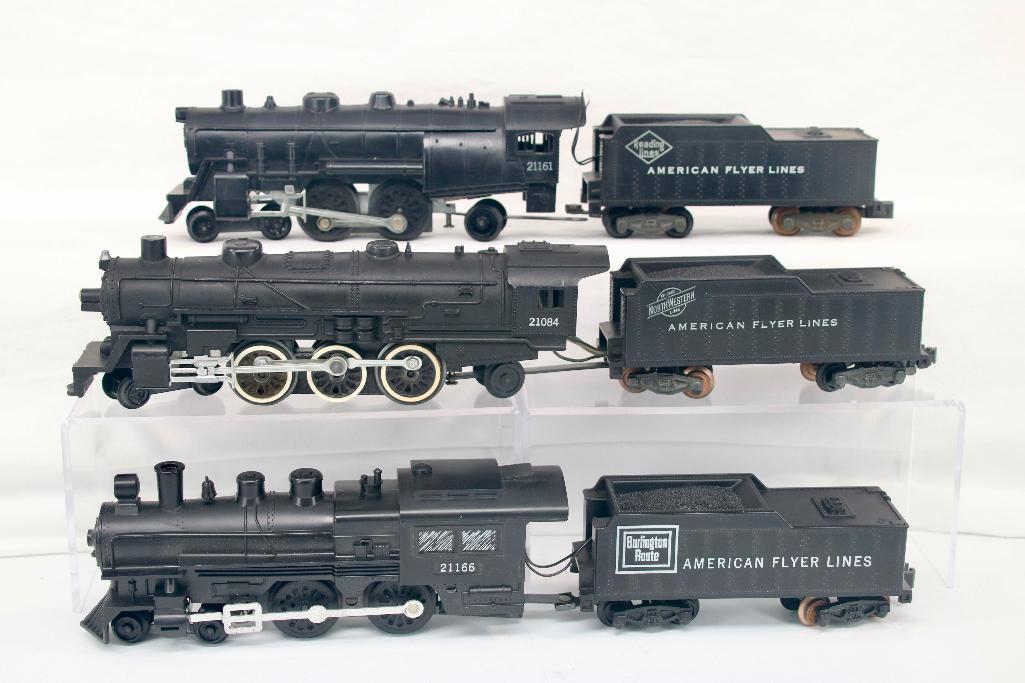 American Flyer S Gauge Postwar 21166T Casey Jones PikeMaster Coupler Loco - 21161 Atlantic Flyer: American Flyer S Gauge Postwar 21166T Casey Jones PikeMaster Coupler Loco - 21161 Atlantic Flyer Loco - 21084 Pacific Loco, all in C7 overall condition. The Casey Jones has PikeMaster Couplers, and th