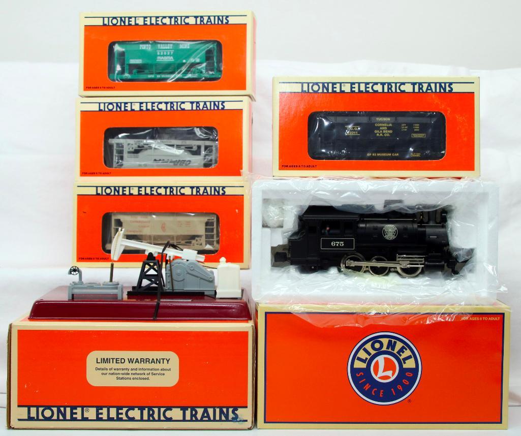 New Lionel O Gauge SP O- 6 - O Dockside Switcher - Lionelville Operating Pumping Station: New Lionel O Gauge SP O- 6 - O Dockside Switcher - Lionelville Operating Pumping Station - 4 Assorted Freight Cars; including Southern Pacific O- 6 - O Dockside Switcher, Lionelville Operating Pumping