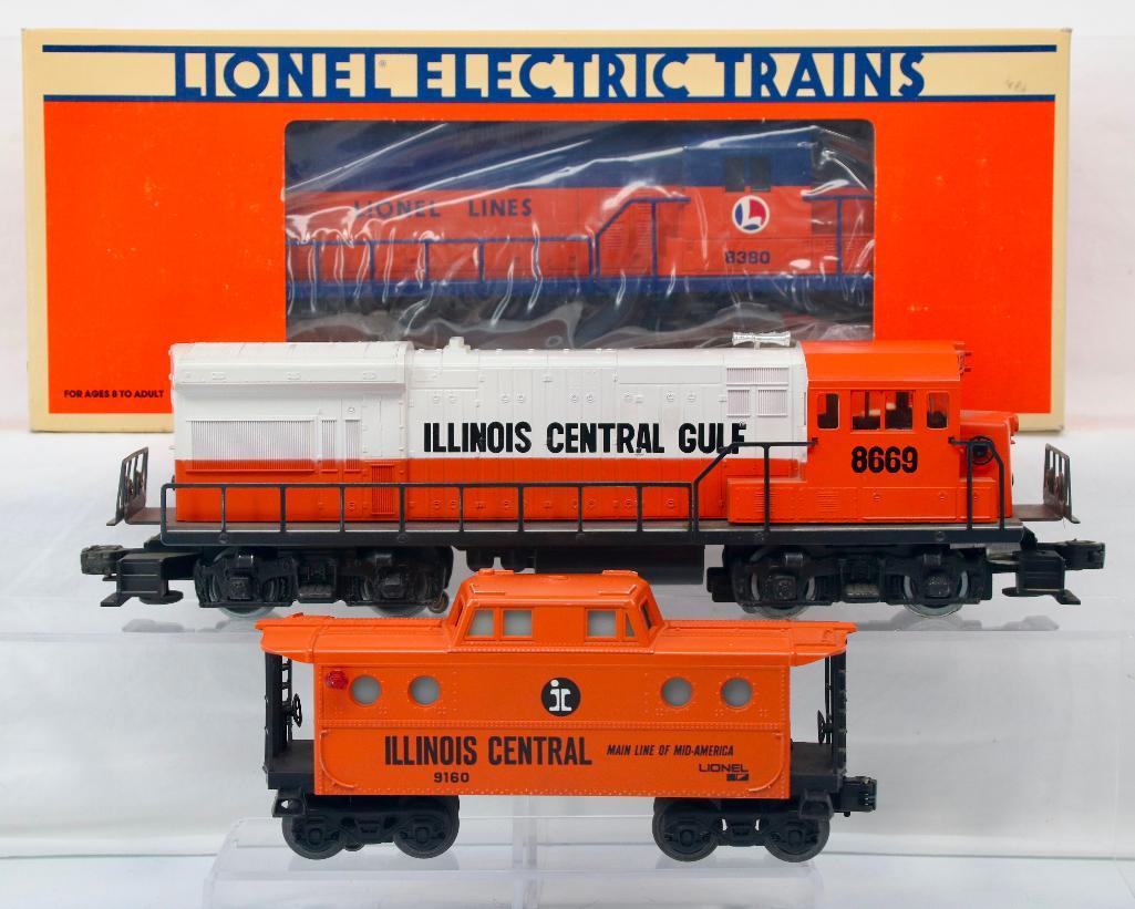 New Lionel O Gauge SD 28 Flat Top Lionel Lines Diesel and IC Gulf Diesel with IC Caboose: New Lionel O Gauge SD - 28 Flat Top Lionel Lines Diesel and IC Gulf Diesel with IC Caboose, including SD - 28 flat top Lionel Lines Diesel #6 - 8380 in C10 and in its original box; also includes IC Di