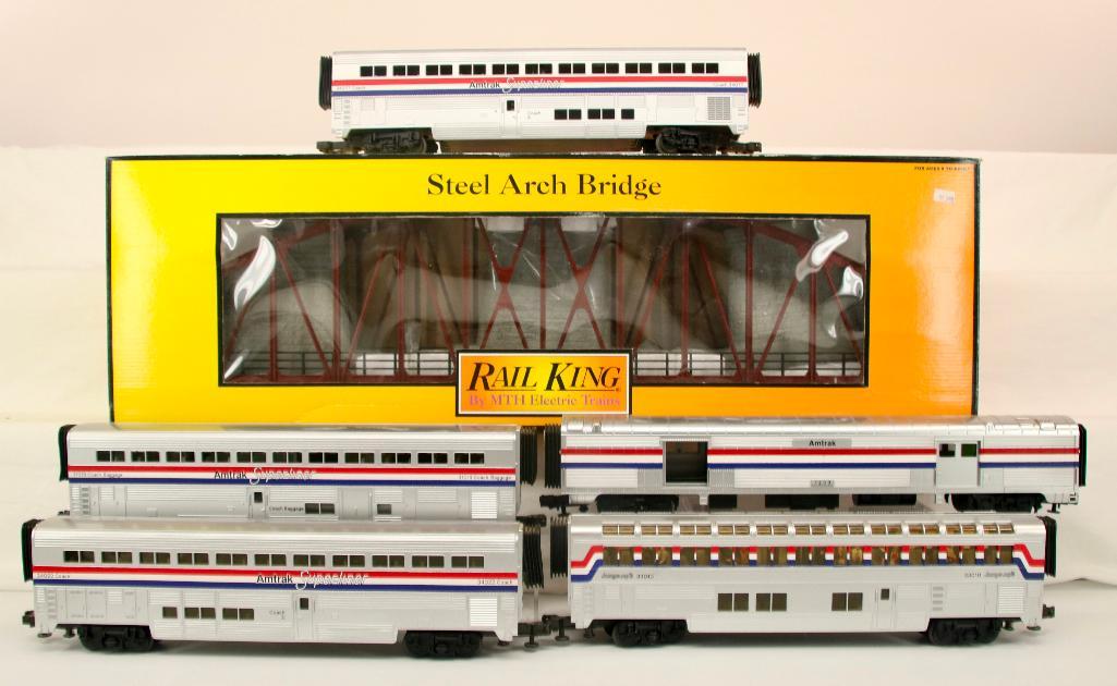 MTH Premier O Gauge Amtrak Five (5) Assorted Passenger Cars - MTH Steel Arch Bridge (1 of 14)