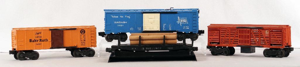 Lionel Postwar 3656 Cattle Car/2454 Box Car/3424 Wabash/3451 Operating Log Car (1 of 20)