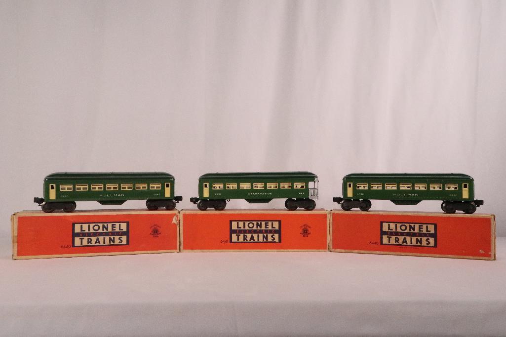Lionel Postwar 6448 - 6440 - 6441 Green Passenger Cars: Lionel Postwar 6448 - 6440 - 6441 Green Passenger Cars, each in C7 or better and each in its original box that has flap repairs at many ends.
