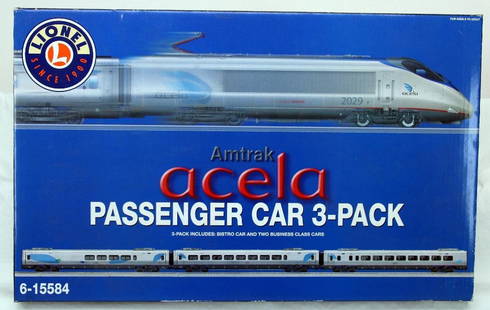 Modern Lionel O Gauge Amtrak Acela 3-Car pack: Modern Lionel O Gauge Amtrak Acela 3-Car pack, in C9 and in its original box.