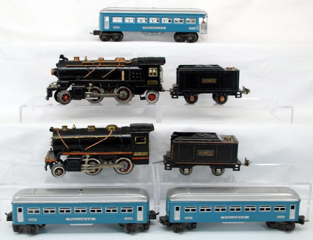 Lionel Prewar O Gauge 261 Loco/257T Tender & 258 Loco/257T Tender w/ 1630/1630/1631 Blue/Silver Cars: Lionel Prewar O Gauge 261 Loco/257T Tender and 258 Loco/257T Tender with 1630/1630/1631 Blue/Silver roof Passenger Cars, with the 261 Loco and Tender in C7, the 258 Loco and Tender in C6 plus or bette
