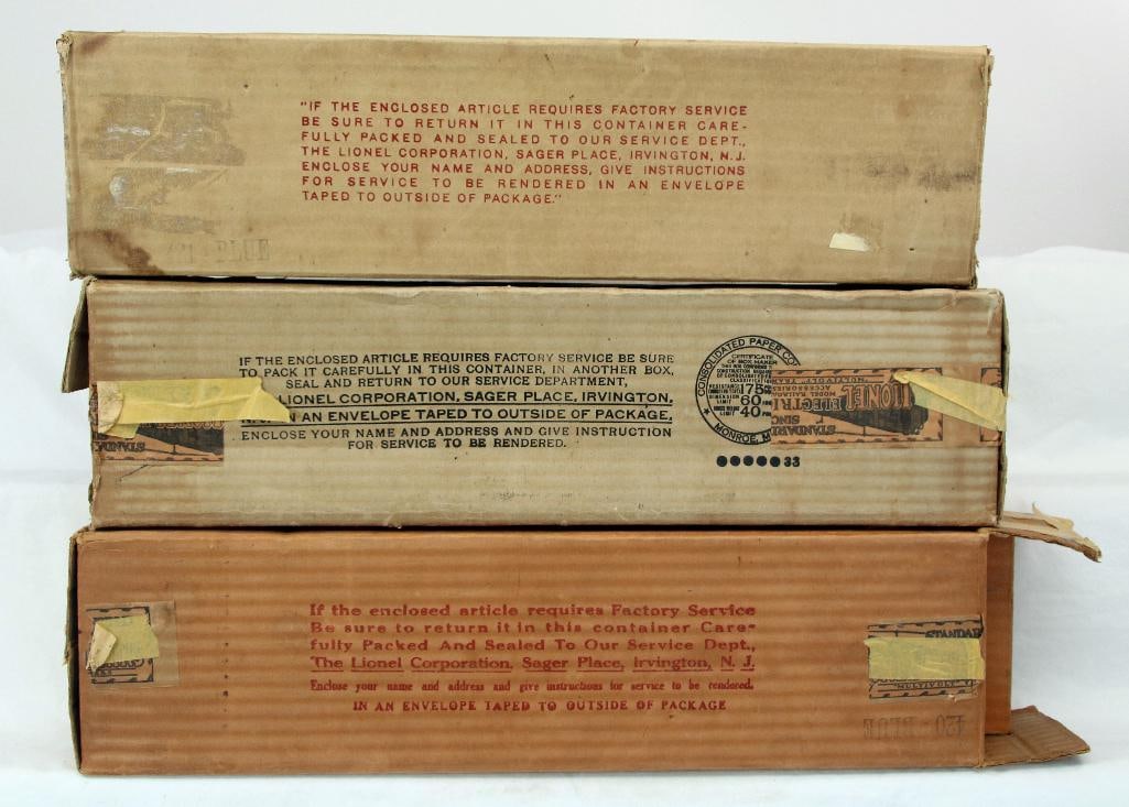 Lionel Prewar Standard Gauge 420/421/422 Original Blue Comet original boxes only: Lionel Prewar Standard Gauge 420/421/422 Original Blue Comet original boxes only, in moderate to heavy wear overall. Some tape repair and some end flaps missing as indicated from the pictures.