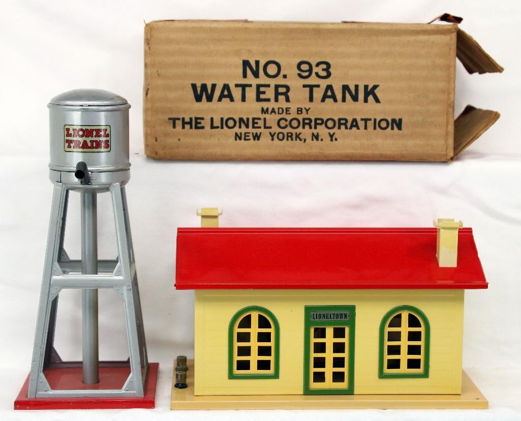 Lionel Prewar #93 Water Tower and #137 Station: Lionel Prewar #93 Water Tower and #137 Station, with the #93 Water Tower in C7 plus and with its original box; the 137 Station has been restored.