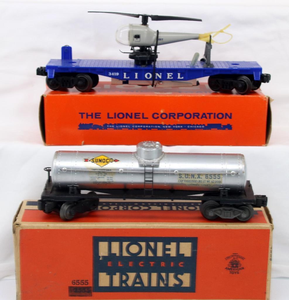 Lionel Postwar 6555 Sunoco Tank Car and 3419 Coal Helicopter Car with original helicopter (1 of 9)