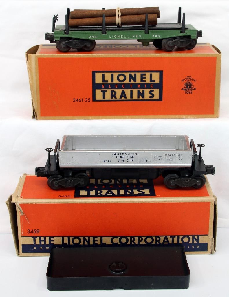 Lionel O Postwar 3461 - 25 Green Lumber Car and 3459 Coal Dump Car (1 of 10)