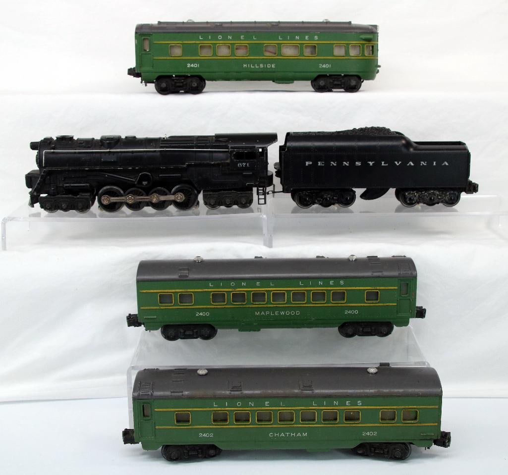 Lionel Postwar 671 Loco and 2671W Tender with 2401/2402/2400 Hillside Passenger Cars (1 of 10)