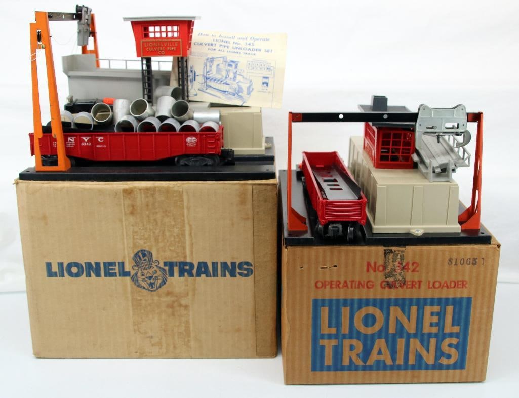 Lionel Postwar 342 Operating Culvert Loader and 345 Operating Culvert Unloader: Lionel Postwar 342 Operating Culvert Loader and 345 Operating Culvert Unloader, each in C7 and each in its original box, although no inserts are included.