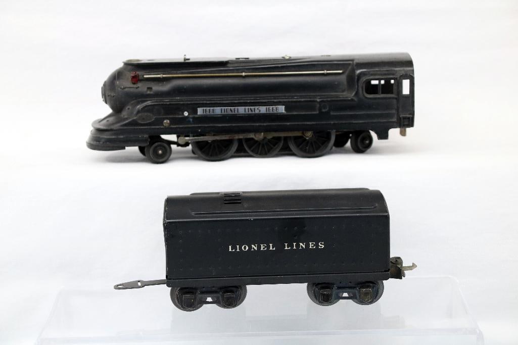 Lionel Prewar O Gauge 1668 Black Loco and 1689T Black Tender: Lionel Prewar O Gauge 1668 Black Loco and 1689T Black Tender, with the Loco in C6 plus -needs cleaning -and the Tender in C7 plus.