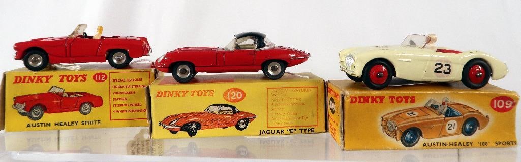 Dinky Toys 120 Jaguar E Type/112 Austin Healy Sprite/109 Austin Healy 100 Sports Car (1 of 9)