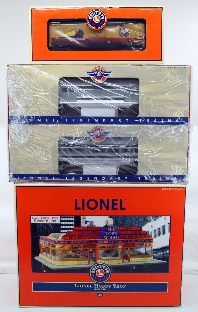 Modern Lionel O Gauge Century Club II M 10,000 Box Car/Lionel Hobby Shop/Canadian Pacific Aluminum: Modern Lionel O Gauge Century Club II M 10,000 Box Car/Lionel Hobby Shop/Canadian Pacific Aluminum Passenger Car 2 - pack, each in C9 and each in its original box.