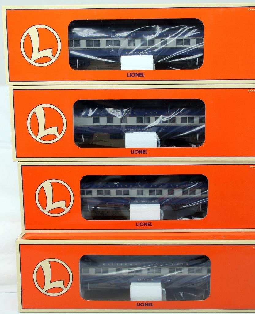 Modern Lionel O Gauge Baltimore and Ohio Four (4) Assorted Passenger Cars: Modern Lionel O Gauge Baltimore and Ohio Four (4) Assorted Passenger Cars, including Combo Car - Harpers Ferry/Observation Car - Chicago/Coach Car - New Castle/ Coach Car - Youngstown, each in C10 and