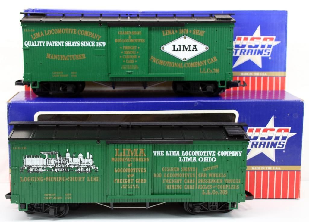 USA Trains G Scale Lima Locomotive Wood Box Car X2: USA Trains G Scale Lima Locomotive Wood Box Car X2, each in C9 and each with its original box.