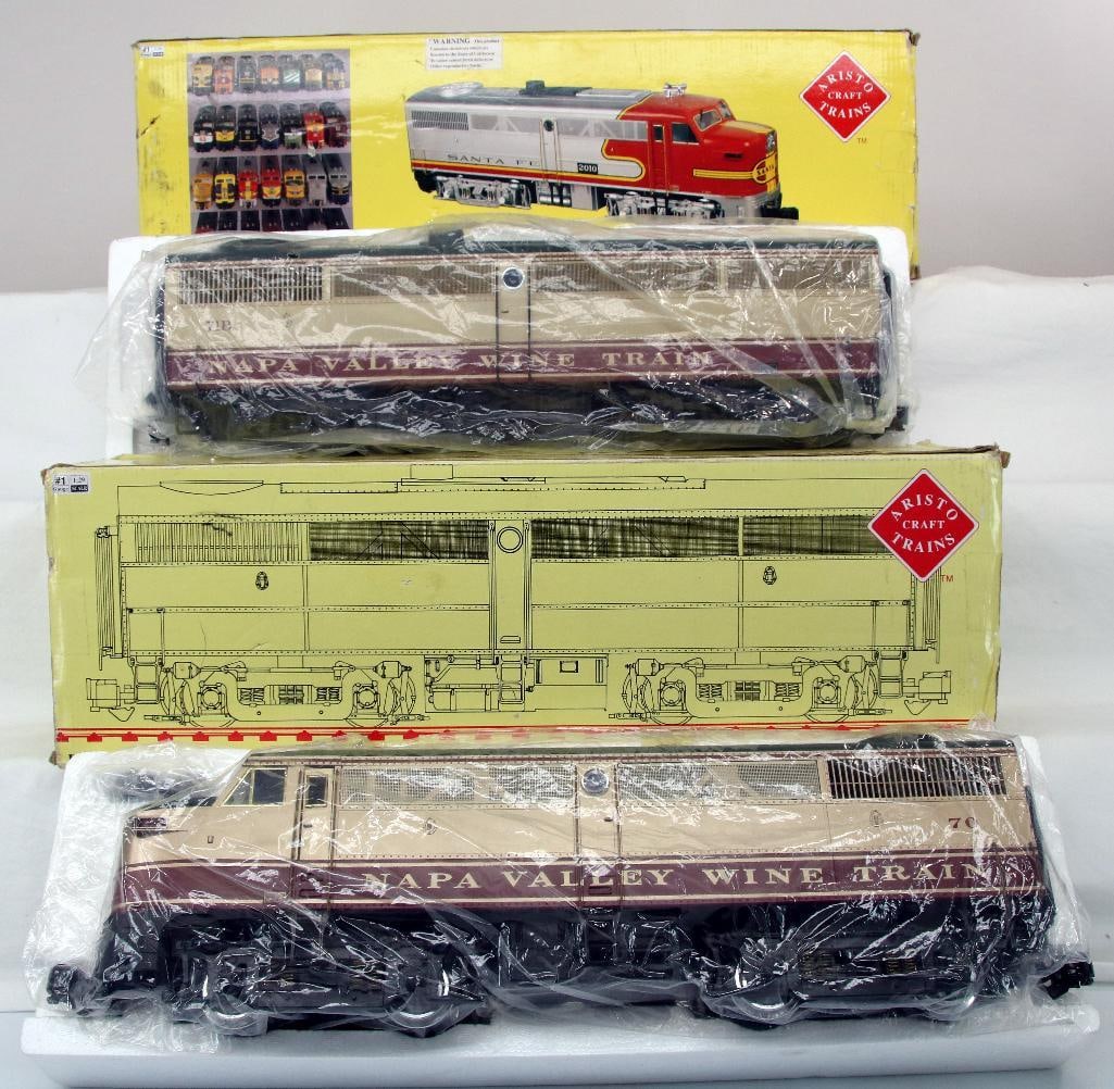 Aristocraft Trains G Scale Napa Wine Train Alco FB - 1 Diesel and Alco FA - 1 Diesel: Aristocraft Trains G Scale Napa Wine Train Alco FB - 1 Diesel and Alco FA - 1 Diesel, each in C8 plus plus and each in its original box and the boxes show light wear.