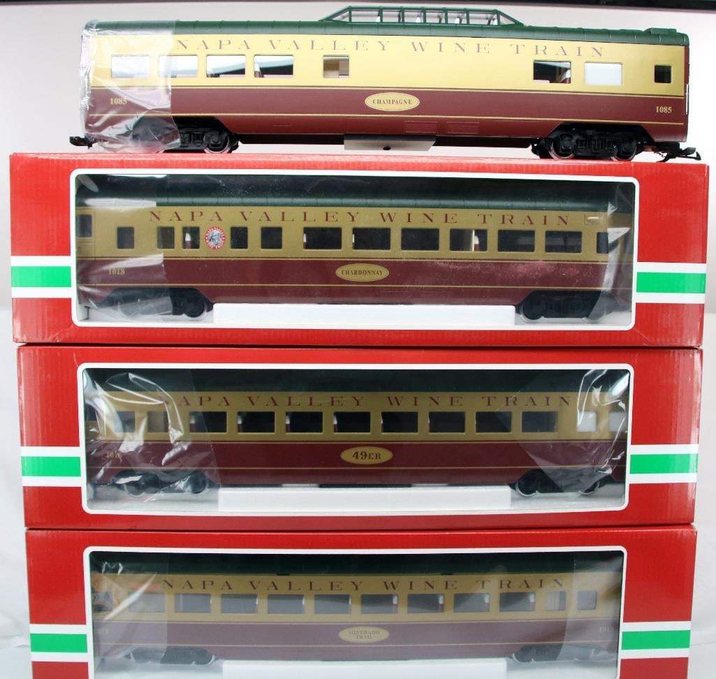 LGB G Scale Four (4) Assorted Napa Valley Wine Train Passenger Cars: LGB G Scale Four (4) Assorted Napa Valley Wine Train Passenger Cars, including 36592 Passenger Car X2, 36593 Dome Car and 36591 Observation Car, each in C9 and each in its original box.