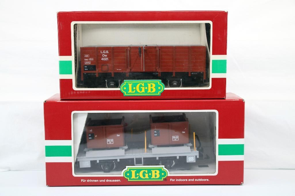 LGB G Scale 41140 Flat Car with load and 4021 Gondola: LGB G Scale 41140 Flat Car with load and 4021 Gondola, each in C8 and each in its original box.