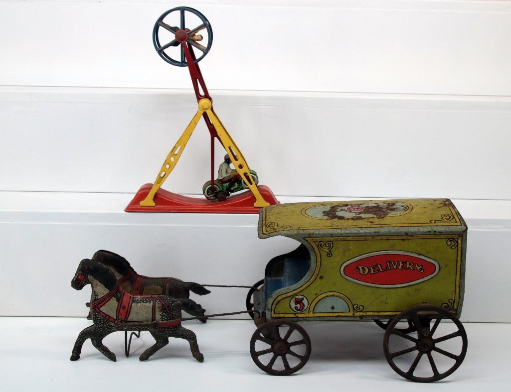 Old Prewar toys Arnold Motorcycle Loop and Converse Horse-drawn Deluxe Delivery Wagon (1 of 14)