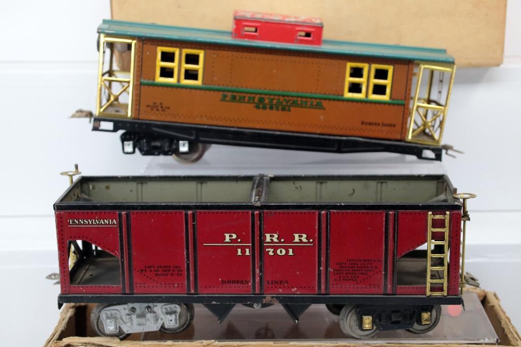 Dorfan Prewar Wide Gauge red Litho Hopper with Caboose: Dorfan Prewar Wide Gauge red Litho Hopper, with the red Hopper in C6 with replacement trucks and Caboose in C4 and no original trucks but replacement trucks.