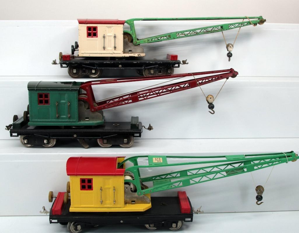 Lionel Prewar Standard Gauge 219 yellow red Crane/219 White red Crane/219 two-tone green Crane: Lionel Prewar Standard Gauge 219 yellow red Crane/219 White red Crane/219 two-tone green Crane, with the yellow and red Crane repainted to look C7 and the white and red crane and two-tone green crane,
