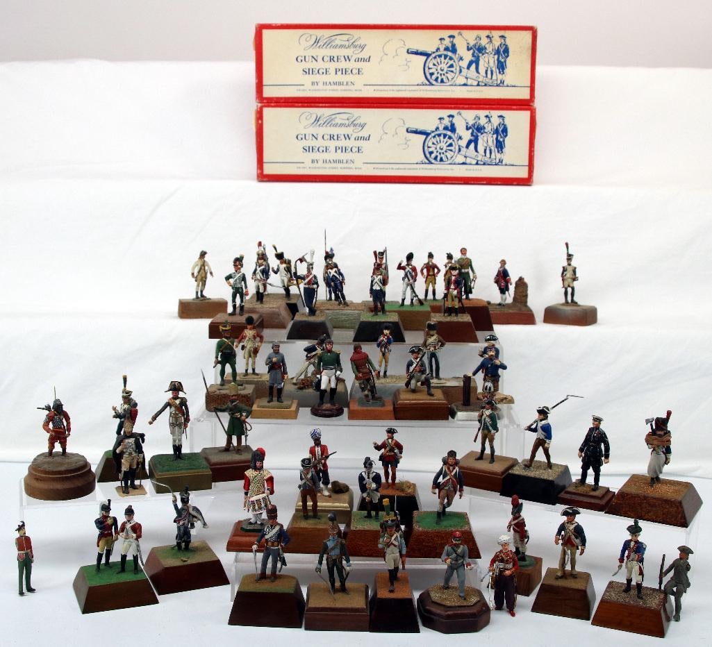 Military Figures: Approximately 50 figures mounted on bases of historic military period pieces, many of the 50 figures are hand-painted lead from the RH Stanley collection circa 1960s that are 3 to 3 1/2 inches high, i