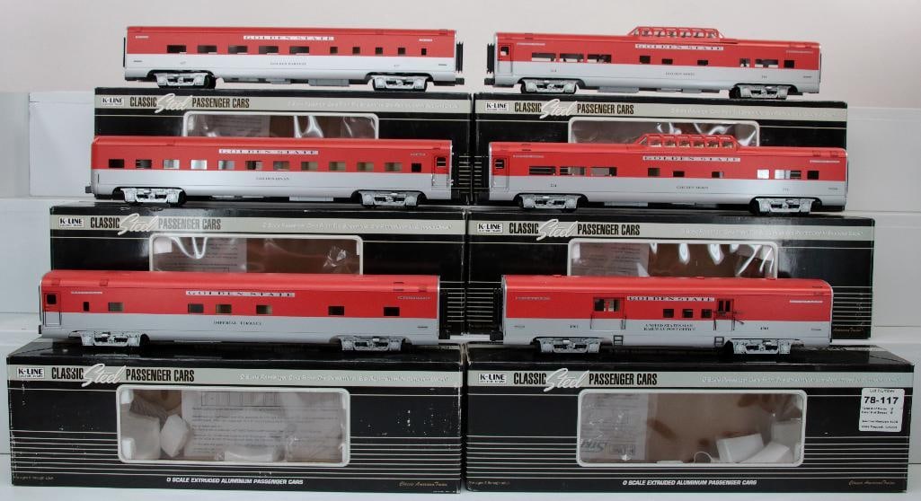 K-Line O Gauge KCC Golden State Six (6) Assorted Passenger Cars Boxed: K-Line O Gauge KCC Golden State Six (6) Assorted Passenger Cars Boxed , including Vista Dome, Railway Post Office, Diner, Vista Dome, Observation and Pullman, each in C8/C8 plus and each with its orig
