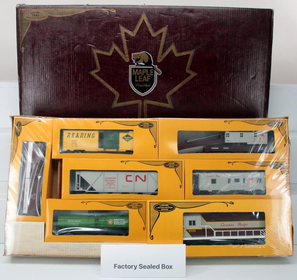 Lionel Modern O Gauge 1981 Maple Leaf Set Boxed: Lionel Modern O Gauge 1981 Maple Leaf Set Boxed, including Canadian Pacific Diesel and Six (6) Assorted Freight Cars Boxed, in C10 and in a sealed inner box.Â