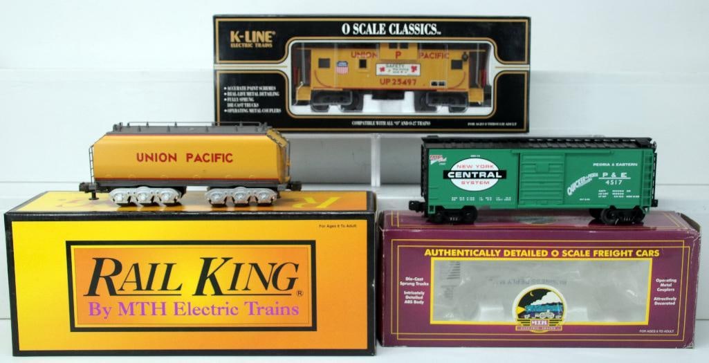 MTH O Gauge Union Pacific Auxiliary Tender/NYC 1999 Box Car and K-Line Union Pacific Caboose (1 of 9)