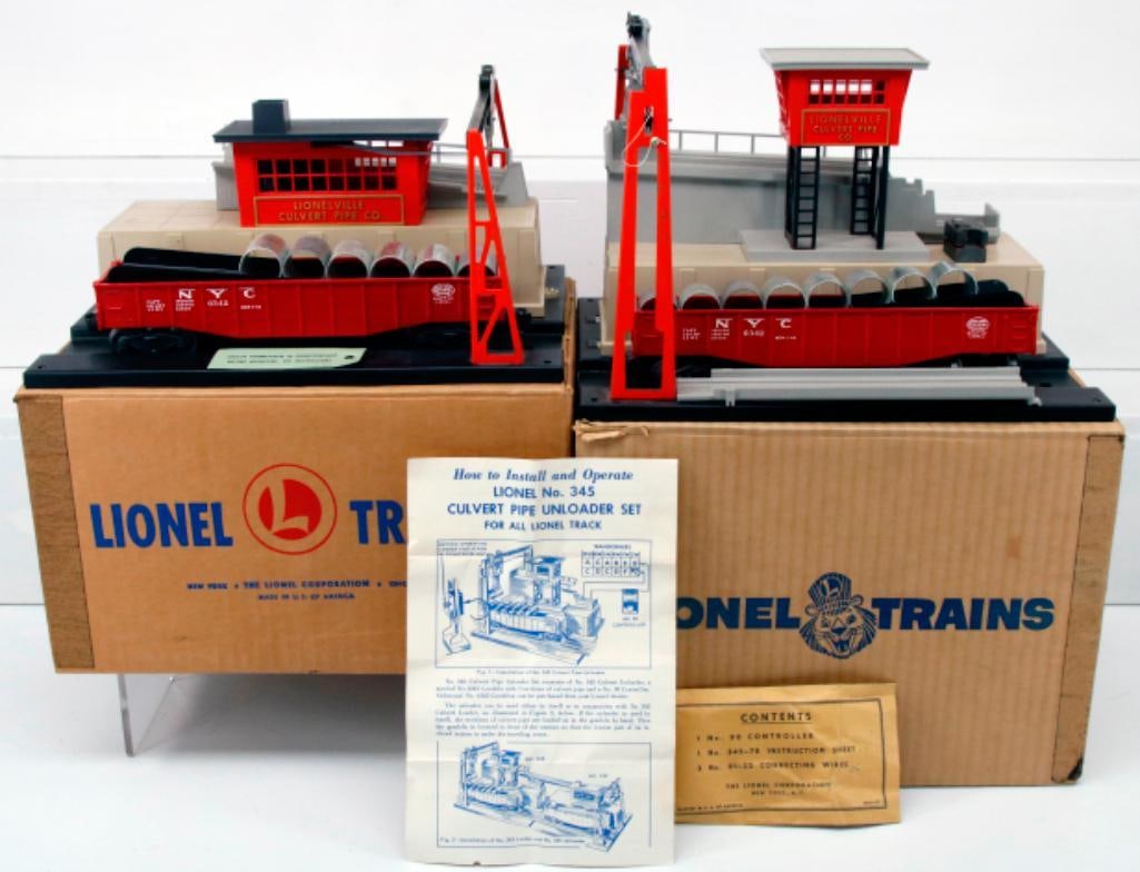 Lionel Postwar O Gauge 342 Operating Culvert Loader and 345 Operating Culvert Unloader Boxed: Lionel Postwar O Gauge 342 Operating Culvert Loader and 345 Operating Culvert Unloader Boxed, in C7 overall condition and each with its original box that each show light wear. Most inserts present.
