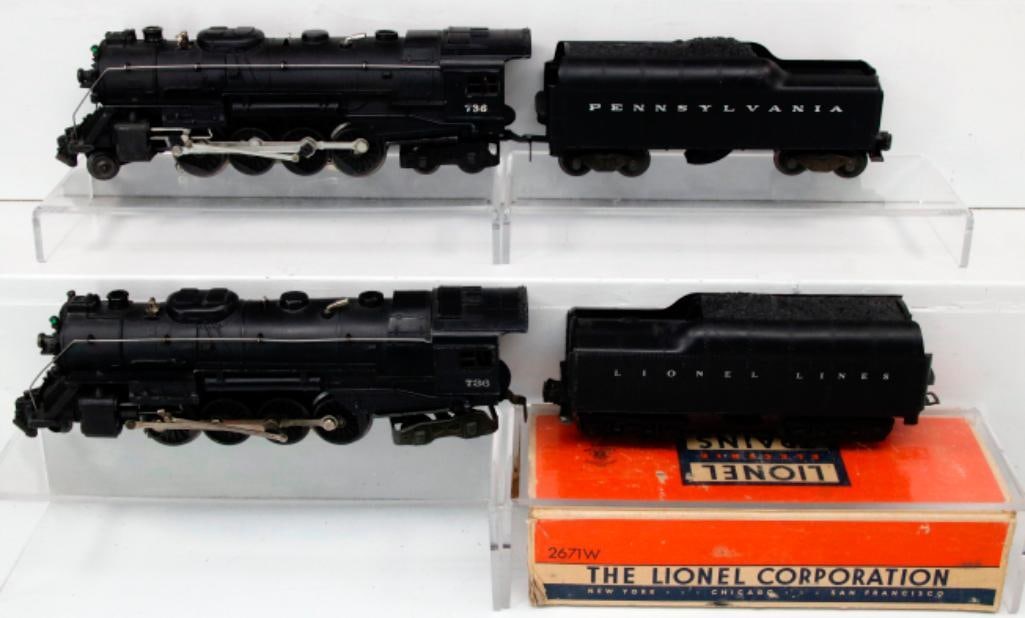 Lionel Postwar O Gauge 736 Loco and 2671W Tender/736 Loco and 2046W - 50 Tender: Lionel Postwar O Gauge 736 Loco and 2671W Tender/736 Loco and 2046W - 50 Tender, each in C7 plus or better overall condition.