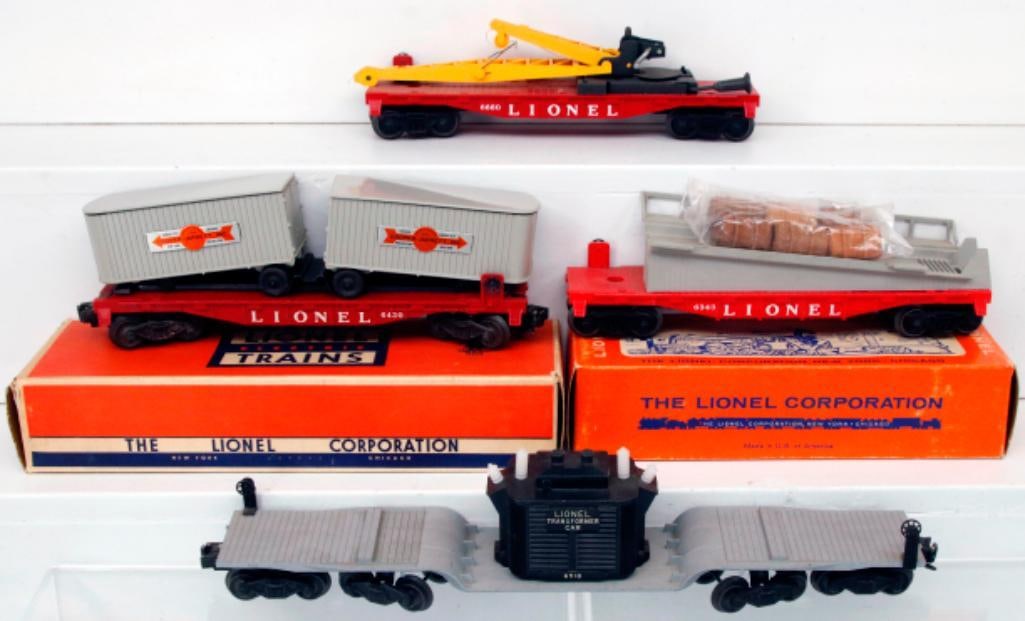 Lionel Postwar O Gauge 6430 Trailer Flat Car/6343 Barrel Ramp Car/6660 Boom Car/6518 Transformer Car (1 of 6)