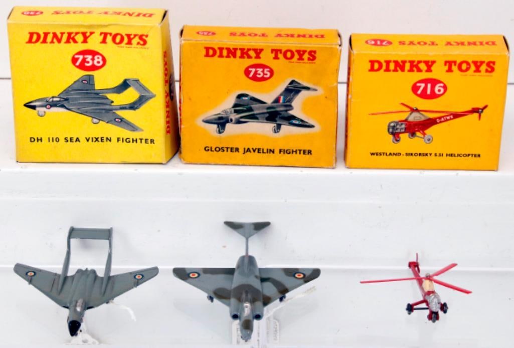 Dinky Toys 738 DH 110 Sea Vixen Fighter/716 Westland - Sikorsky S. 51 Helicopter: Dinky Toys 738 DH 110 Sea Vixen Fighter/716 Westland - Sikorsky S. 51 Helicopter/735 Gloster Javelin Fighter Boxed, with the 738 in C8 minus with its original box that shows light wear; the 716 in C8 