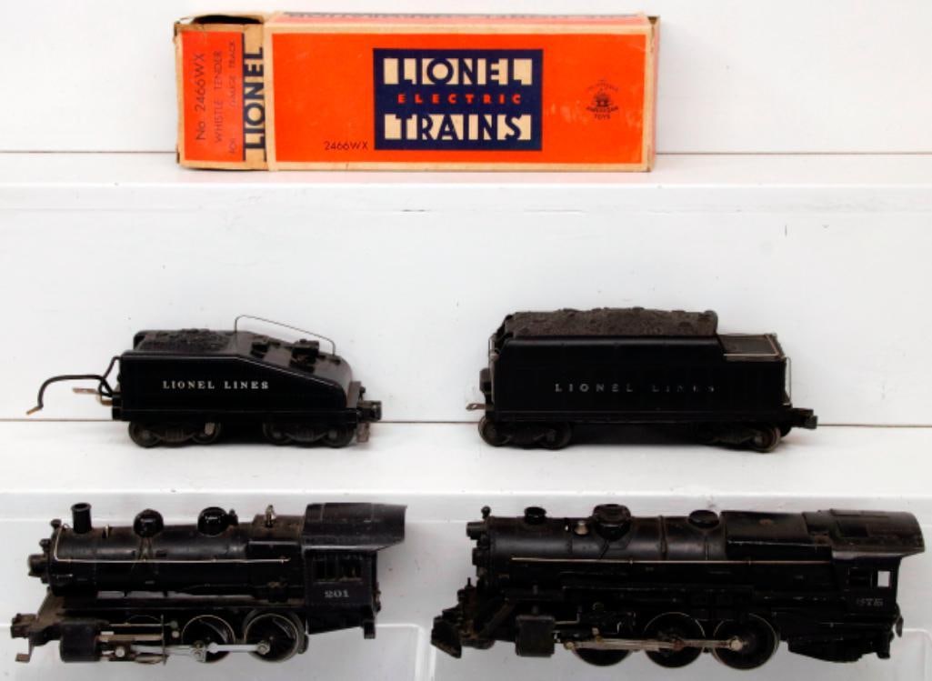 Lionel Postwar O Gauge 675 Loco and Tender and 201 Switcher Loco and 2403B Tender: Lionel Postwar O Gauge 675 Loco and Tender and 201 Switcher Loco and 2403B Tender, each in C6 overall or better overall condition.