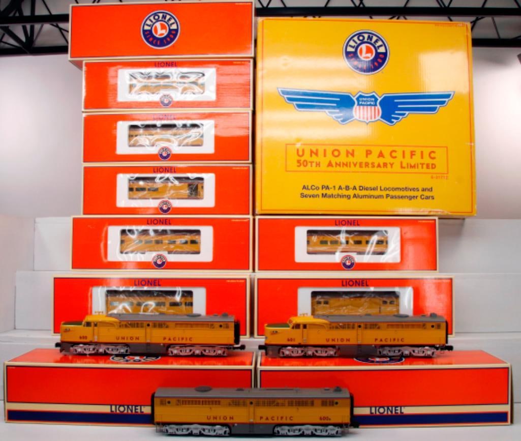 Lionel Modern O Gauge 50th Anniversary Limited Union Pacific Passenger Set Boxed: Lionel Modern O Gauge 50th Anniversary Limited Union Pacific Passenger Set Boxed, including UP Alco PA -1 Powered Unit, UP Alco PA -1 Nonpowered A Unit, UP Alco PB -1 Nonpowered B Unit, UP Offset Vist