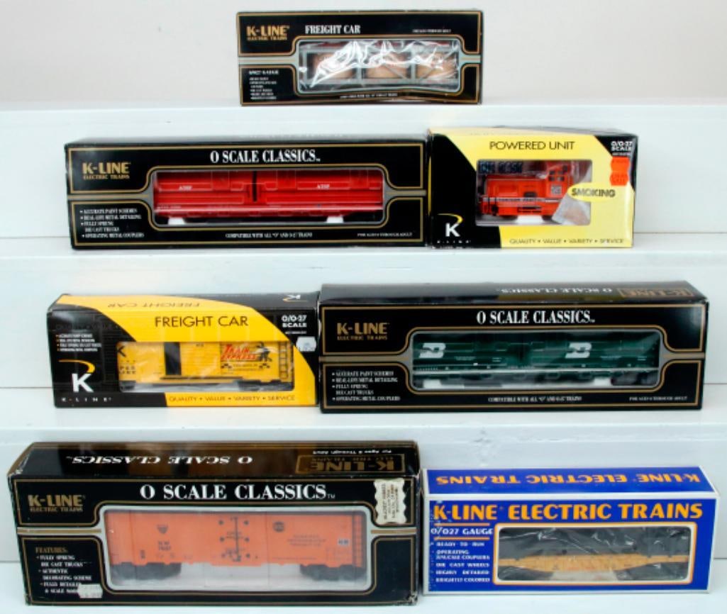 K-Line Modern O Gauge Western Pacific Plymouth Switcher and Six (6) Assorted Freight Cars Boxed (1 of 5)