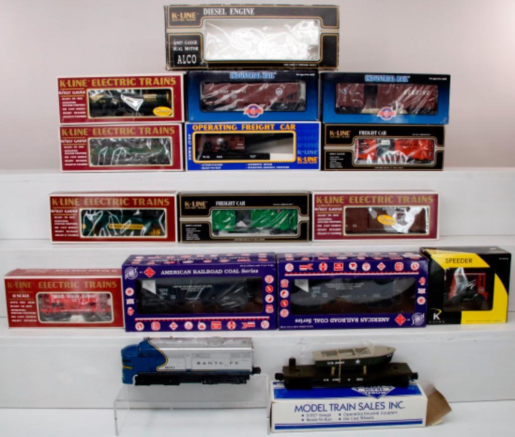 K-Line Modern O Gauge Alco PA S. F. Dummy B/ Monon O Scale Speeder/ (11) Assorted Freight Cars: K-Line Modern O Gauge Alco PA S. F. Dummy B/ Monon O Scale Speeder/ Eleven (11) Assorted Freight Cars/American Railroad Coal Series US Coast Guard 2 bay Hopper Set with coal load X2 Boxed, including a
