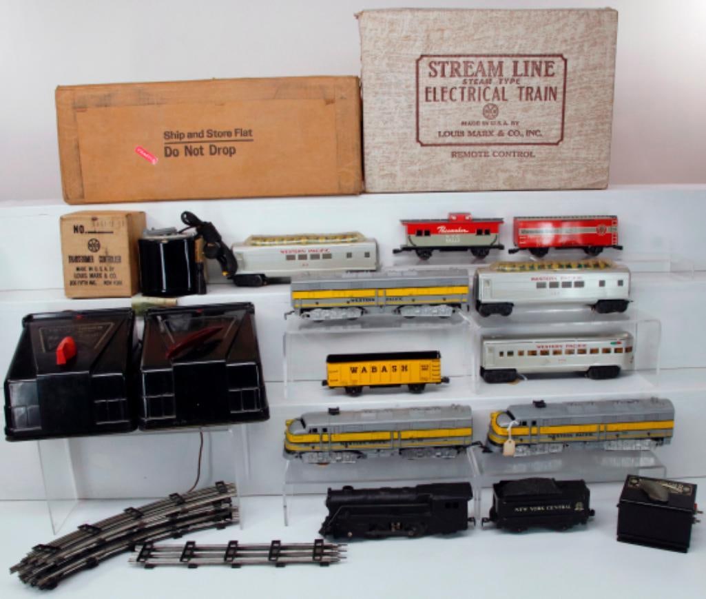 Marx Toy Trains O Gauge 6552 Black Loco and Tender Freight Set/901 Western Pacific Unit Powered : Marx Toy Trains O Gauge 6552 Black Loco and Tender Freight Set/901 Western Pacific Powered Diesel A Unit and B Unit Diesel Dummy and Unit with Three (3) Western Pacific Passenger Cars/115 Volt and 150