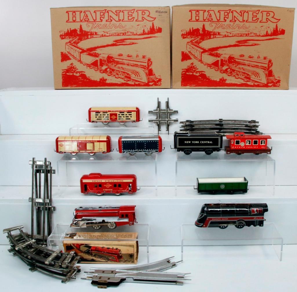 Hafner Toy Trains O Gauge red and white Loco and Passenger Set/Hafner 970 black and red Loco : Hafner Toy Trains O Gauge red and white Loco and Passenger Set/Hafner 970 black and red Loco with black Tender and two (2) Freight Cars early rare/2000 Hafner blue orange silver Loco with blue Tender