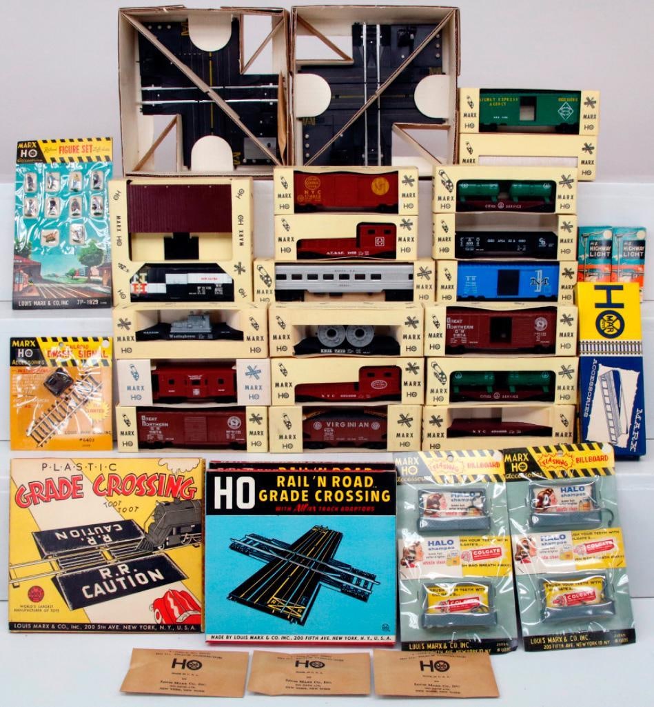 Marx Toy Trains HO Scale Railroad and Slot Car Crossing Box X2/HO Rail and Road Grade Crossing Boxed: Marx Toy Trains HO Scale Railroad and Slot Car Crossing Box X2/HO Rail and Road Grade Crossing Boxed X2/ Seventeen (17) Assorted HO Freight Cars Boxed/Original Operating Box Car/Accessories Boxed, eac