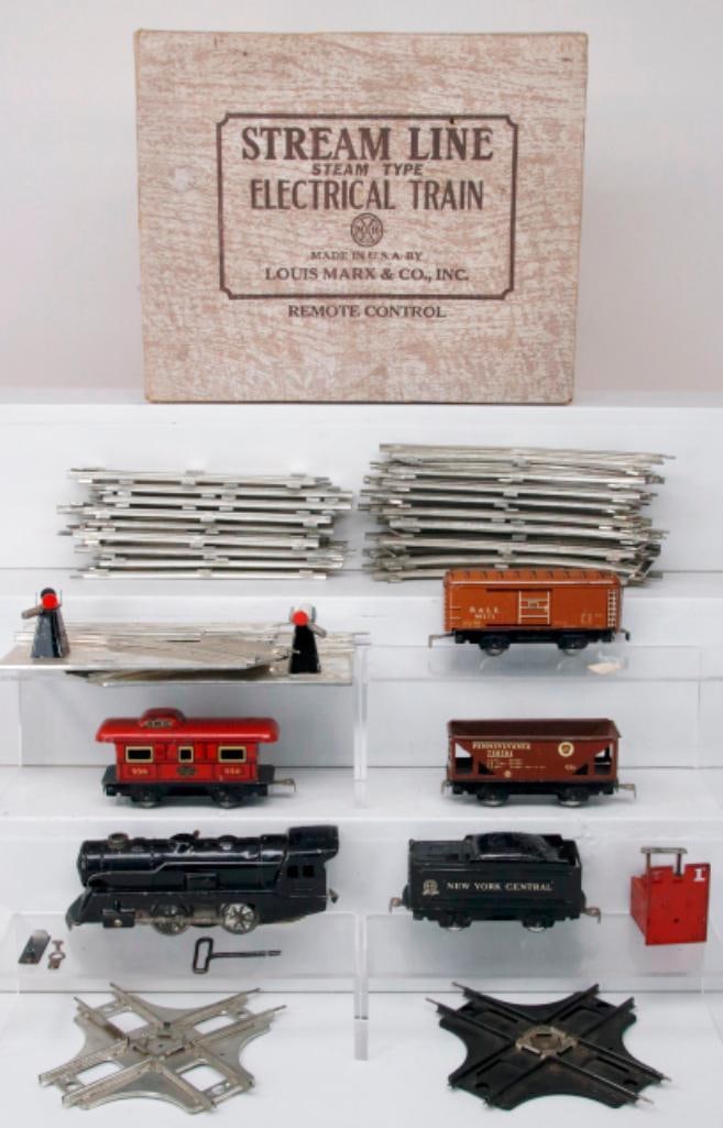 Marx Toy Trains O Gauge Black Loco Wind Up and NYC Tender and Three (3) Freight Cars: Marx Toy Trains O Gauge Black Loco Wind Up and NYC Tender and Three (3) Freight Cars, in C6 overall condition; Also Includes a No. 4842 #400 Electric Loco and Freight Set with a 4484 State of Maine Bo