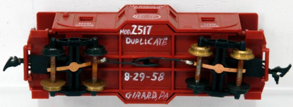 Marx Toy Trains HO Gauge NYC Bay Window Caboose Factory Prototype: Marx Toy Trains HO Gauge NYC Bay Window Caboose Factory Prototype, appearing as Model #2517 duplicate, dated 8 - 29 - 58, in C7 dirty condition.Â Original Marx factory paperwork for this Factory Prot