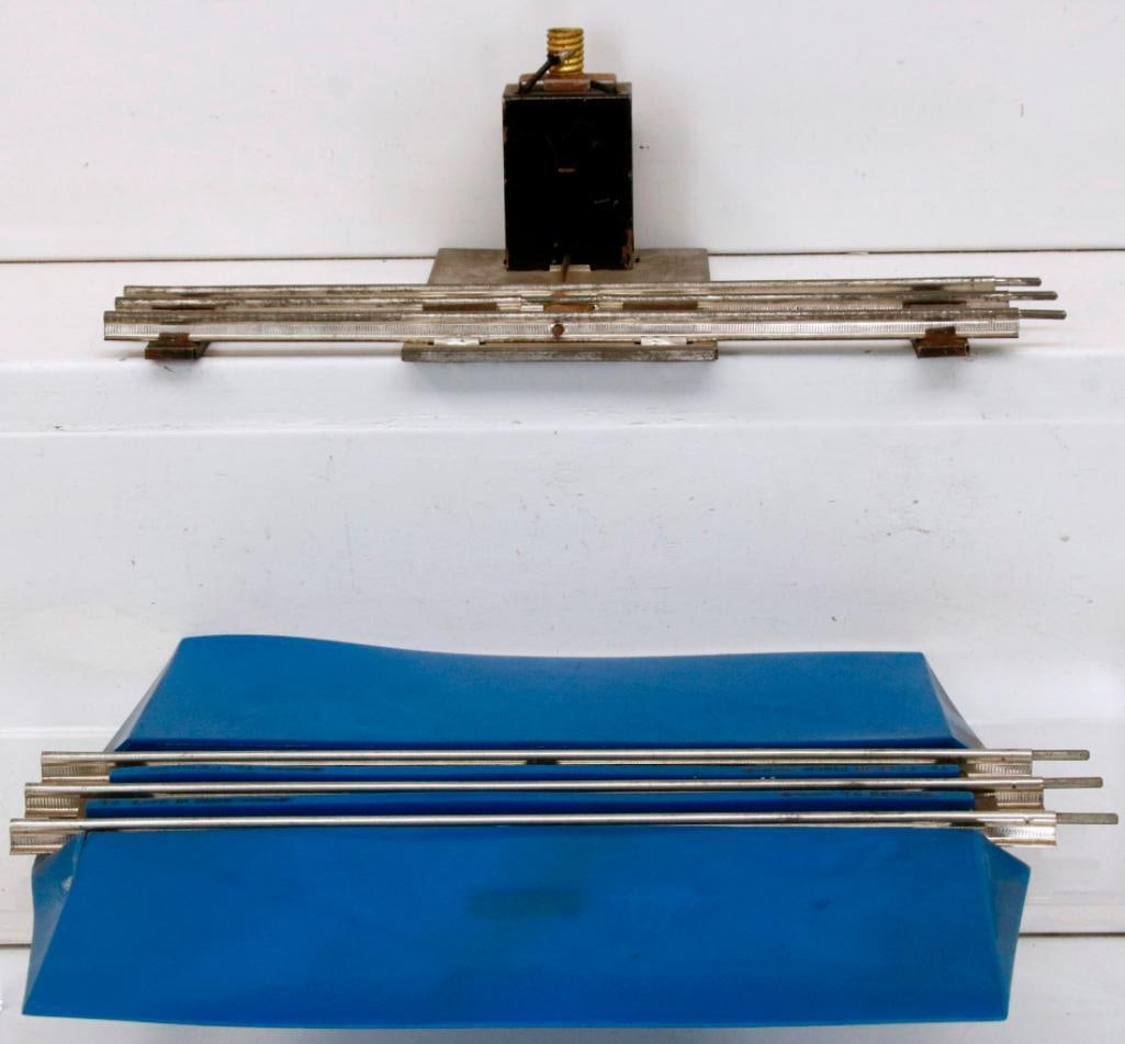 Marx Toy Trains O Gauge Railroad Crossing Factory Prototype with Uncoupling Switch: Marx Toy Trains O Gauge Railroad Crossing Factory Prototype with Uncoupling Switch, with the crossing appearing as Model #1440, dated 4 - 19 - 49, in C7; the uncoupling light and switch may be a Facto