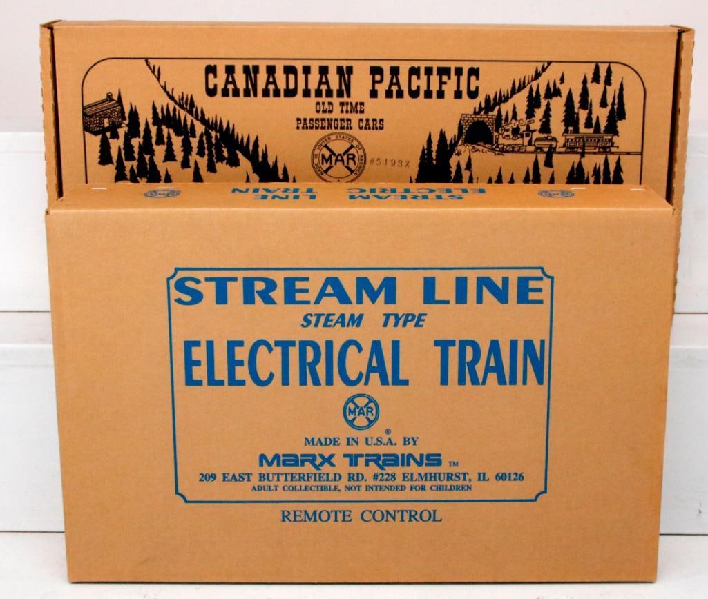 Marx Toy Trains O Gauge 5193X Canadian Pacific maroon Passenger Car Set/ Black Loco and Tender: Marx Toy Trains O Gauge 5193X Canadian Pacific maroon Passenger Car Set/ Black Loco and Tender, including the Canadian Pacific old-time Passenger Cars maroon Set in C9 and in its original box; also in