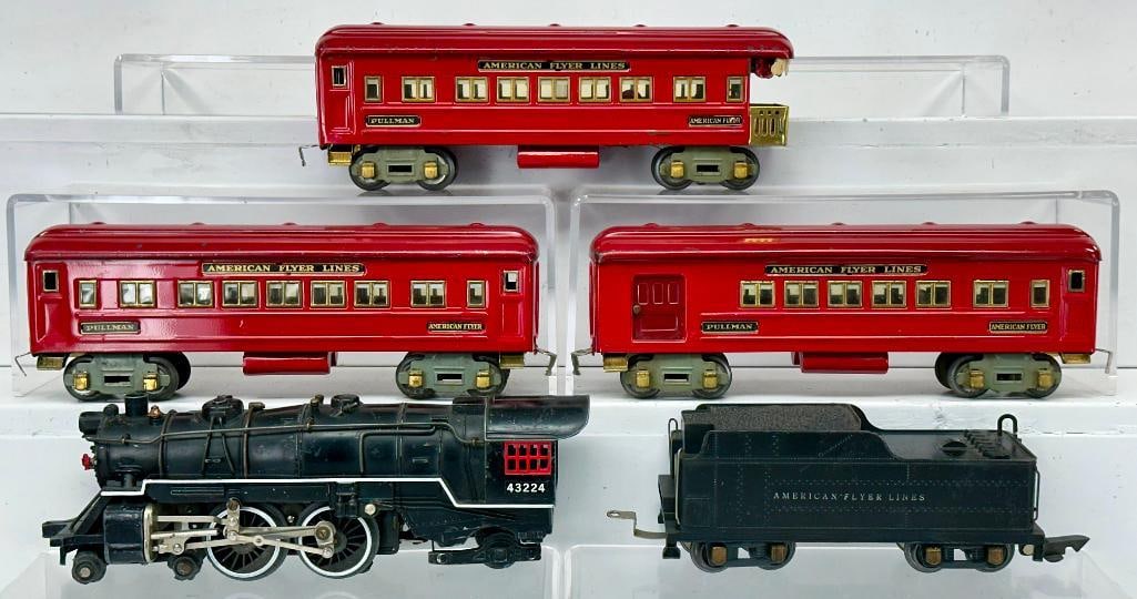 American Flyer Prewar O Gauge 43224 Loco and Tender and Three (3) painted red tank Passenger Cars (1 of 10)