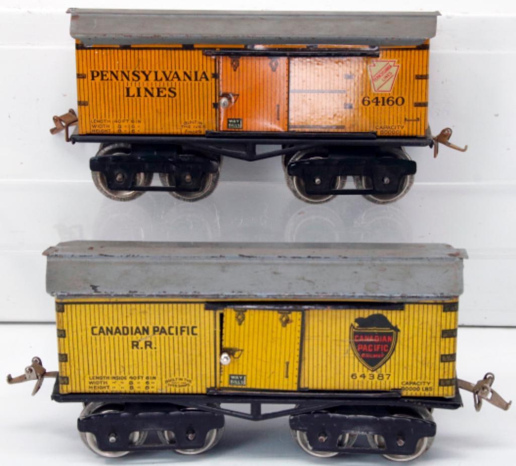 Ives Prewar O Gauge 64160 Pennsylvania Lines Box Car and 64387 Canadian Pacific six-inch Box Cars: Ives Prewar O Gauge 64160 Pennsylvania Lines Box Car and 64387 Canadian Pacific six-inch Box Cars, with the Pennsylvania Lines in C7 minus and the Canadian Pacific in C6 plus.