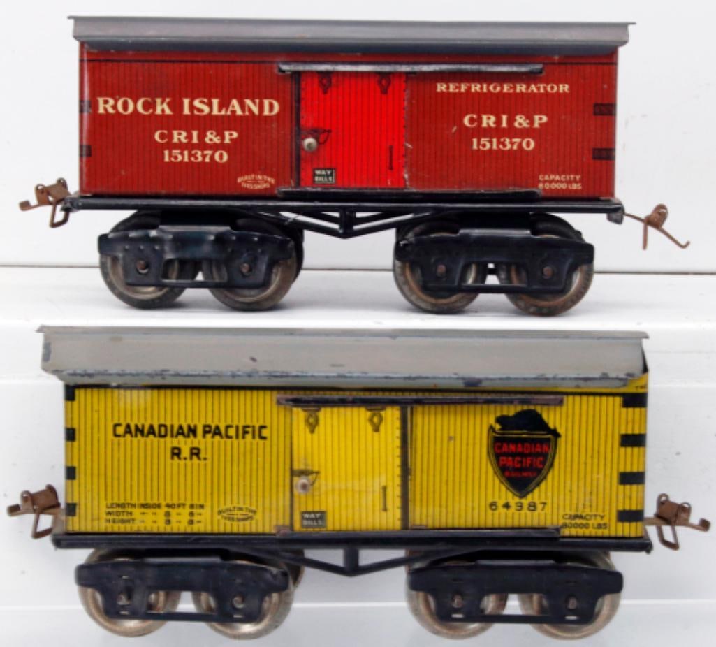 Ives Prewar O Gauge 64387 Canadian Pacific and 151370 CRI&P Rock Island six-inch Cars: Ives Prewar O Gauge 64387 Canadian Pacific Box Car and 151370 CRI&P Rock Island six-inch Cars, with the Canadian Pacific six-inch Box Car in C6 plus to C7 minus and the Rock Island six-inch Refrig