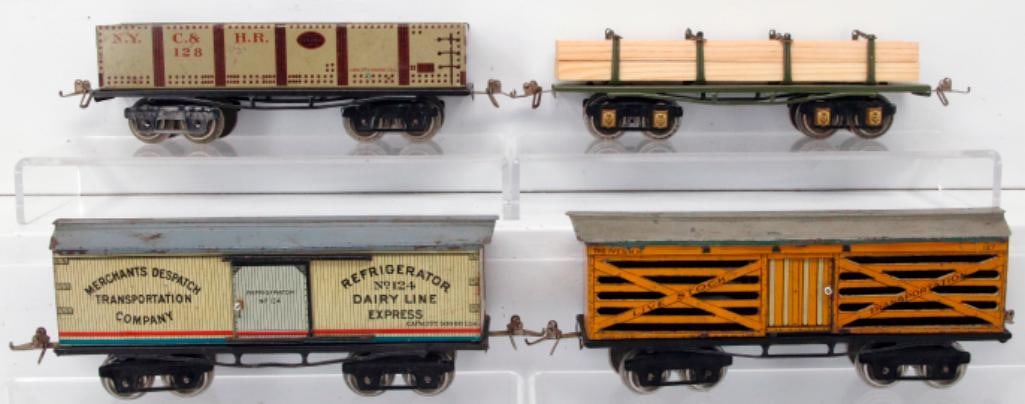 Ives Prewar O Gauge 124 Merchants Despatch 9 inch Box Car-127 Livestock Car -128 Gondola-129 Lumber (1 of 6)