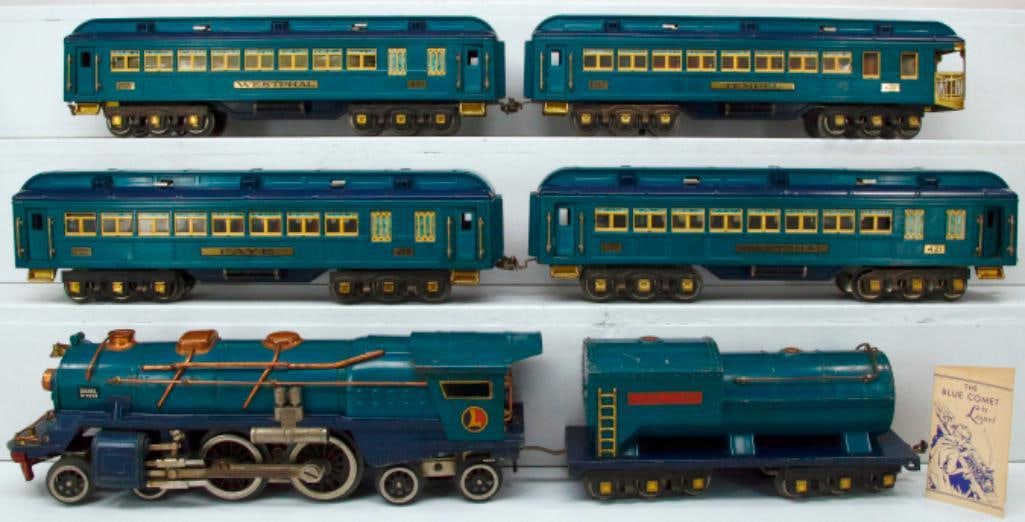 Lionel Prewar Standard Gauge 4 Car Blue Comet Passenger Set: Lionel Prewar Standard Gauge 4 Car Blue Comet Passenger Set, including 400E Blue Comet Loco and 400T Blue Comet Tender, with 420 - 421- 421- 422 Blue Comet Passenger Cars, in C6 for the Loco and Tende