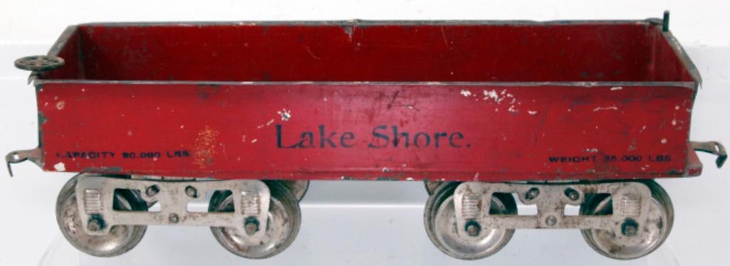 Lionel MFG Prewar Standard Gauge #12 Red Lakeshore Gondola with yellow primer bottom open 3-rivet tr (1 of 8)